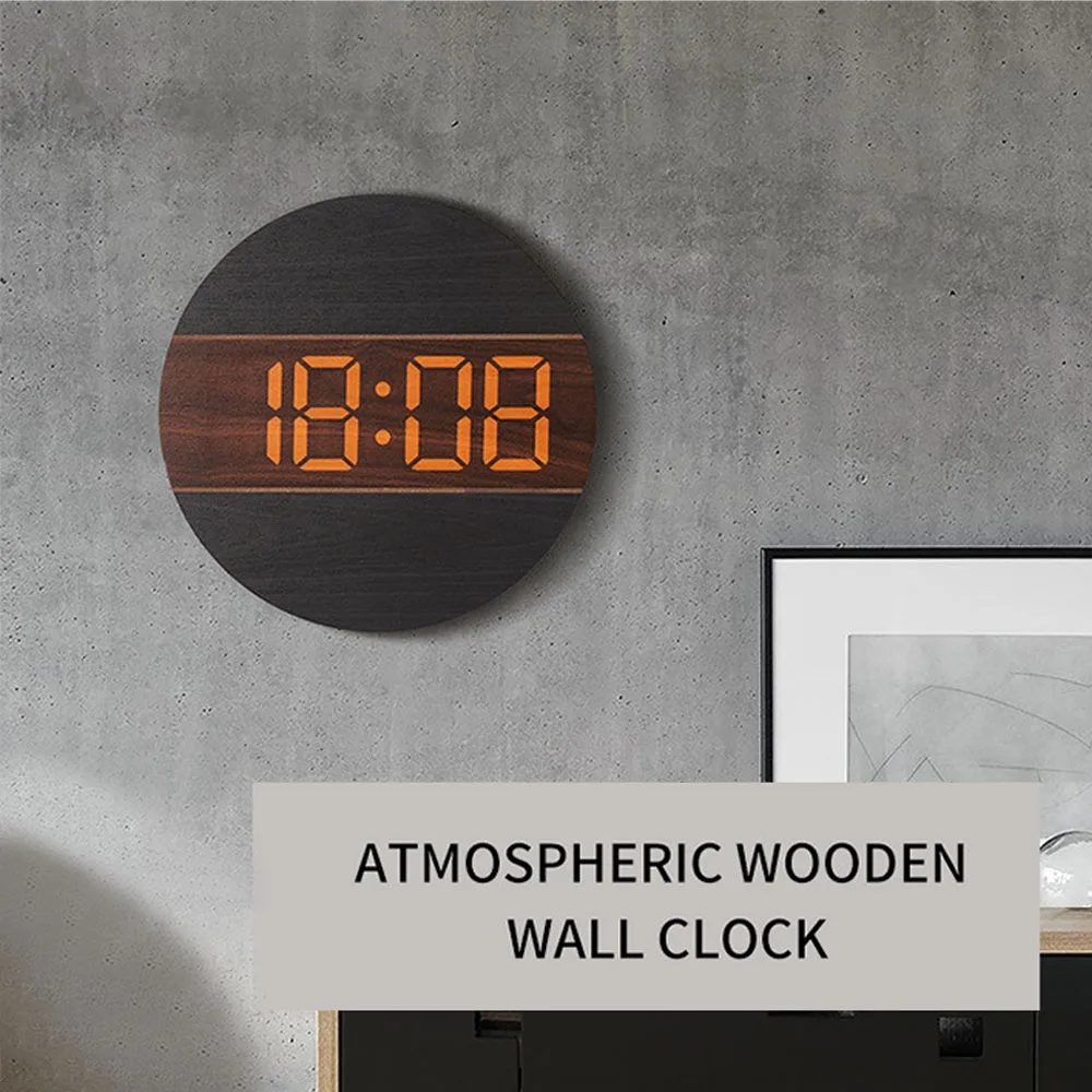 Wooden LED Digital Alarm Clocks Silent Electronic Round Automatic Light-sensitive 12/24 Hour Large Wall Clocks Modern Home Decor