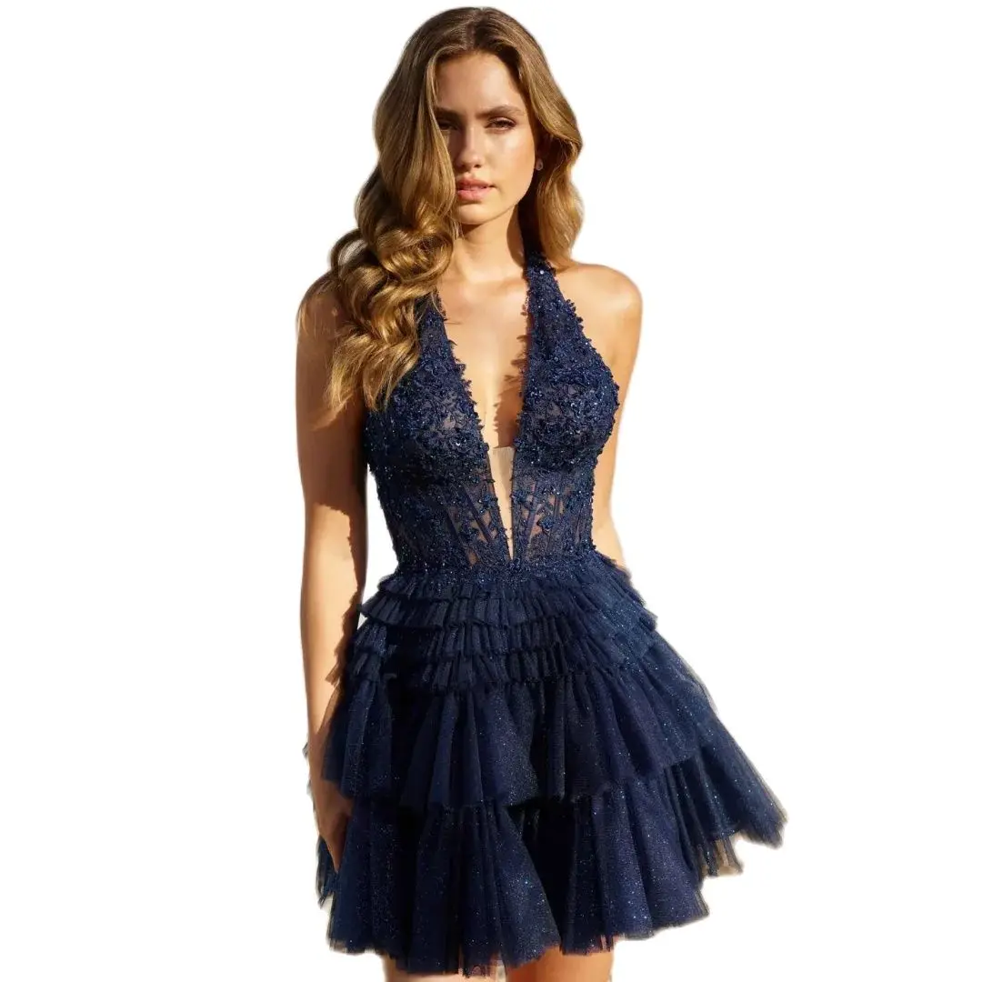 Navy Cocktail Dresses Women Halter Neck Glitter Party Skirt Lace Corset Birthday Dress Cute Sleeveless Vestido de Novia