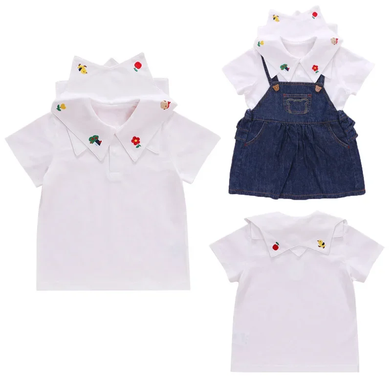 Family Shirt New Children's Cartoon Bear Embroidered Double Five-star Neck Short Sleeve Shirt Baby Underwear