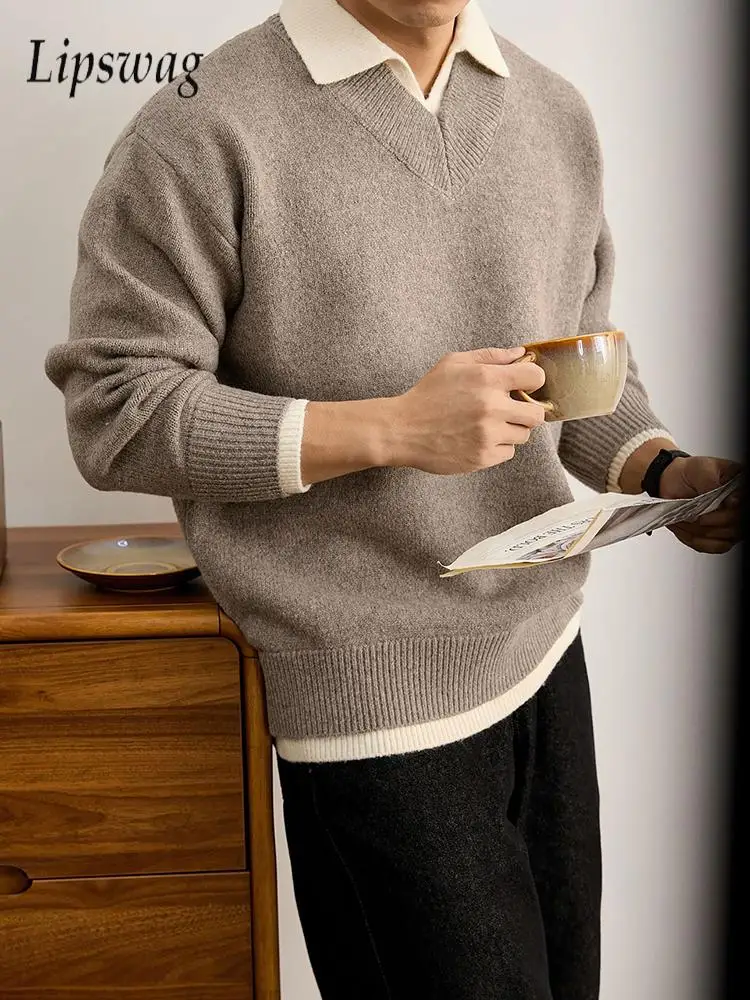 

Винтажная двухслойная лоскутная рубашка поло, мужская вязаная рубашка-поло с длинными рукавами и лацканами, осень-зима, мужские повседневные вязаные пуловеры