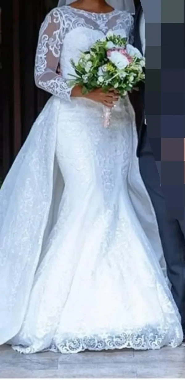 Vestido de novia de sirena de encaje personalizado, mangas de tren desmontable, cuello joya, vestido de novia nigeriano africano blanco