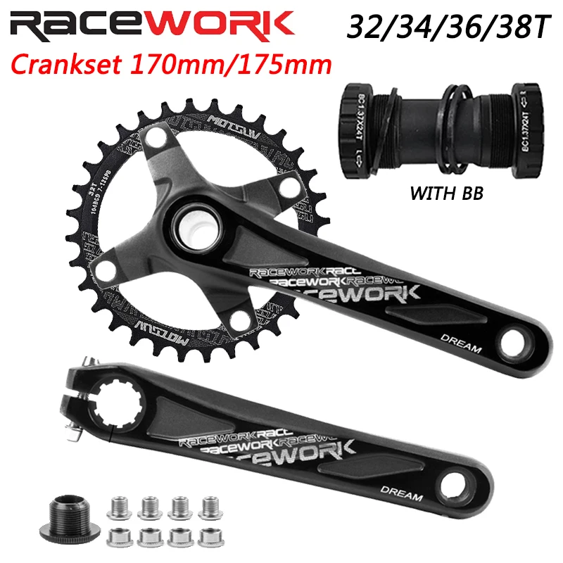 

RACEWORK Bike Crankset 170/175MM 104BCD Chainwheel Aluminum Alloy with Bottom 32/34/36/38T Chainring Mountain Bicycle Parts