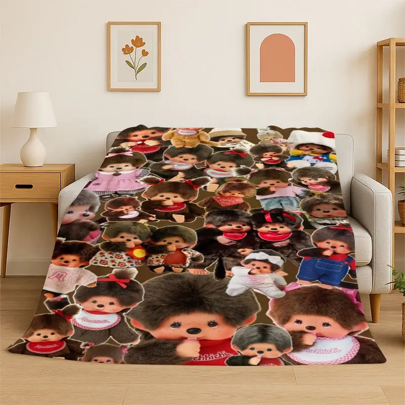 HD M-Monchhichi Cute Cartoon Monkey Holiday Flannel Blanket Soft Throw Blanket for Bedroom Living Room Bed office Picnic Gift
