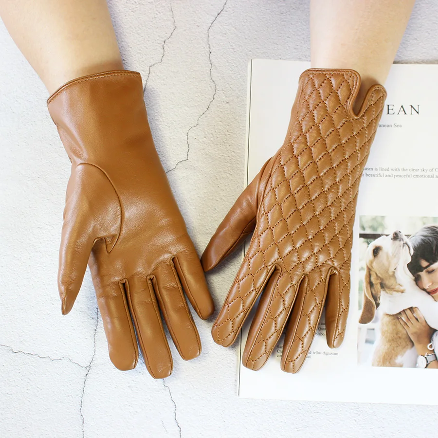 Gants en peau de mouton avec écran tactile, doublure en velours, pour femme, broderie à la mode, hiver, froid et chaud, en cuir
