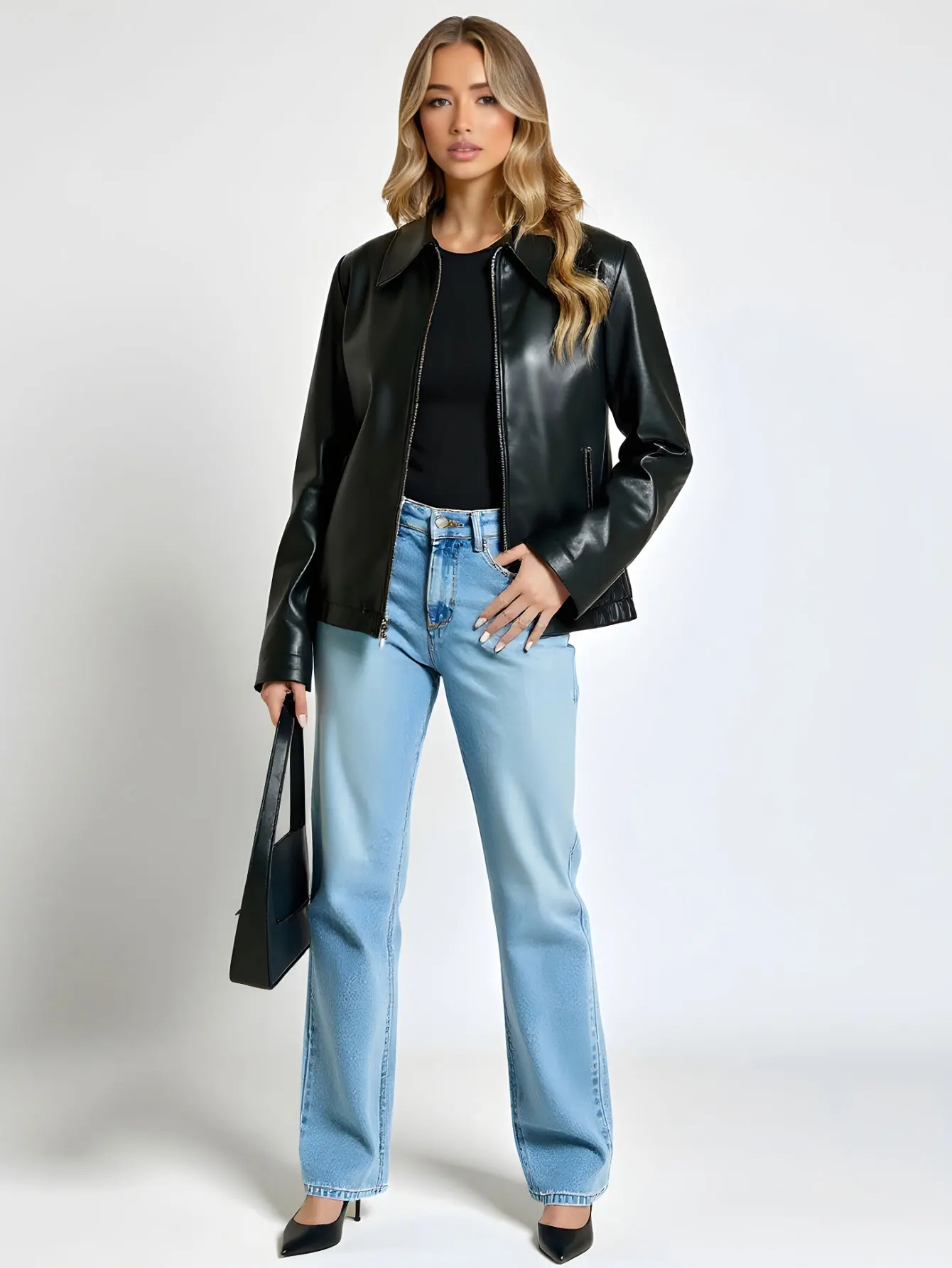 Chaqueta de cuero con cremallera y solapa retro para mujer Estilo casual 23218 Moda europea y americana para mujer