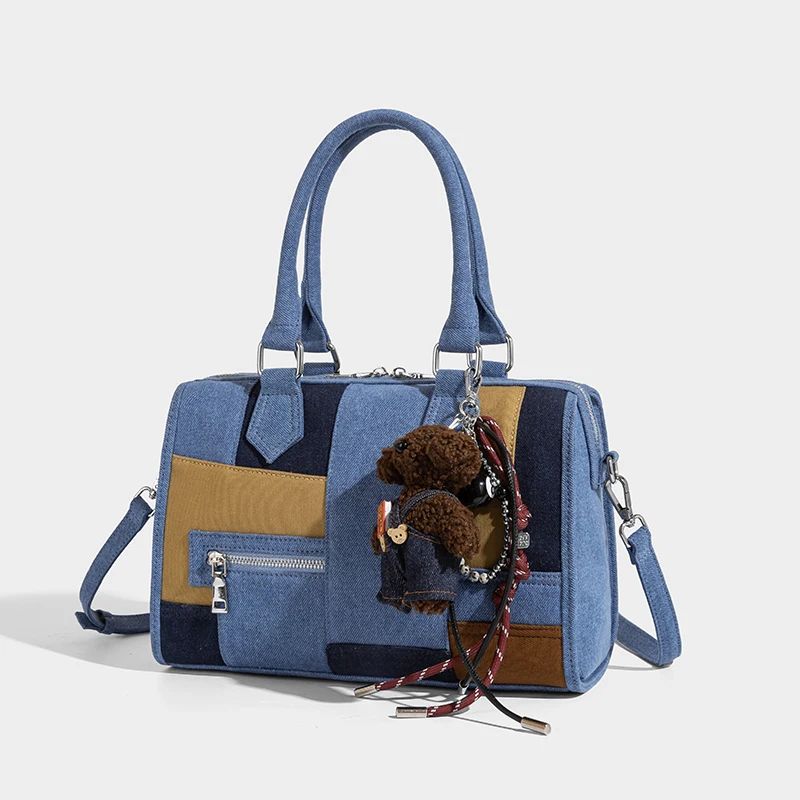 

2025 new denim cut portable Boston small pillow bag, small pillow designer denim canvas portable bowling board bag women's bag
