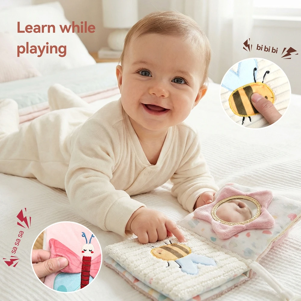 Livro de Pano 3D de Pelúcia para Bebês com Mordedor, Livro Sensorial Montessori com Som para Recém-Nascidos 0-36 Meses, Brinquedos Sensoriais Laváveis para Bebês