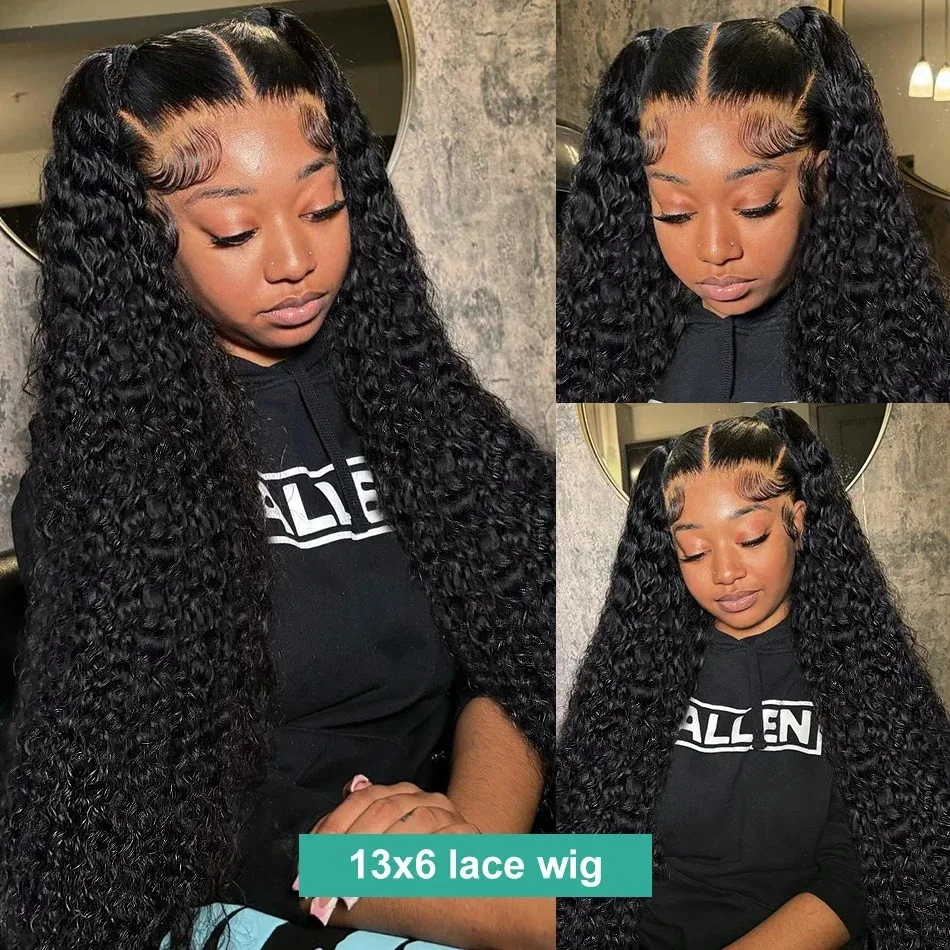 Perruque Lace Front Wig Deep Wave brésilienne naturelle, cheveux bouclés, 13x6, pre-plucked, 34 pouces, 250% de densité, pour femmes