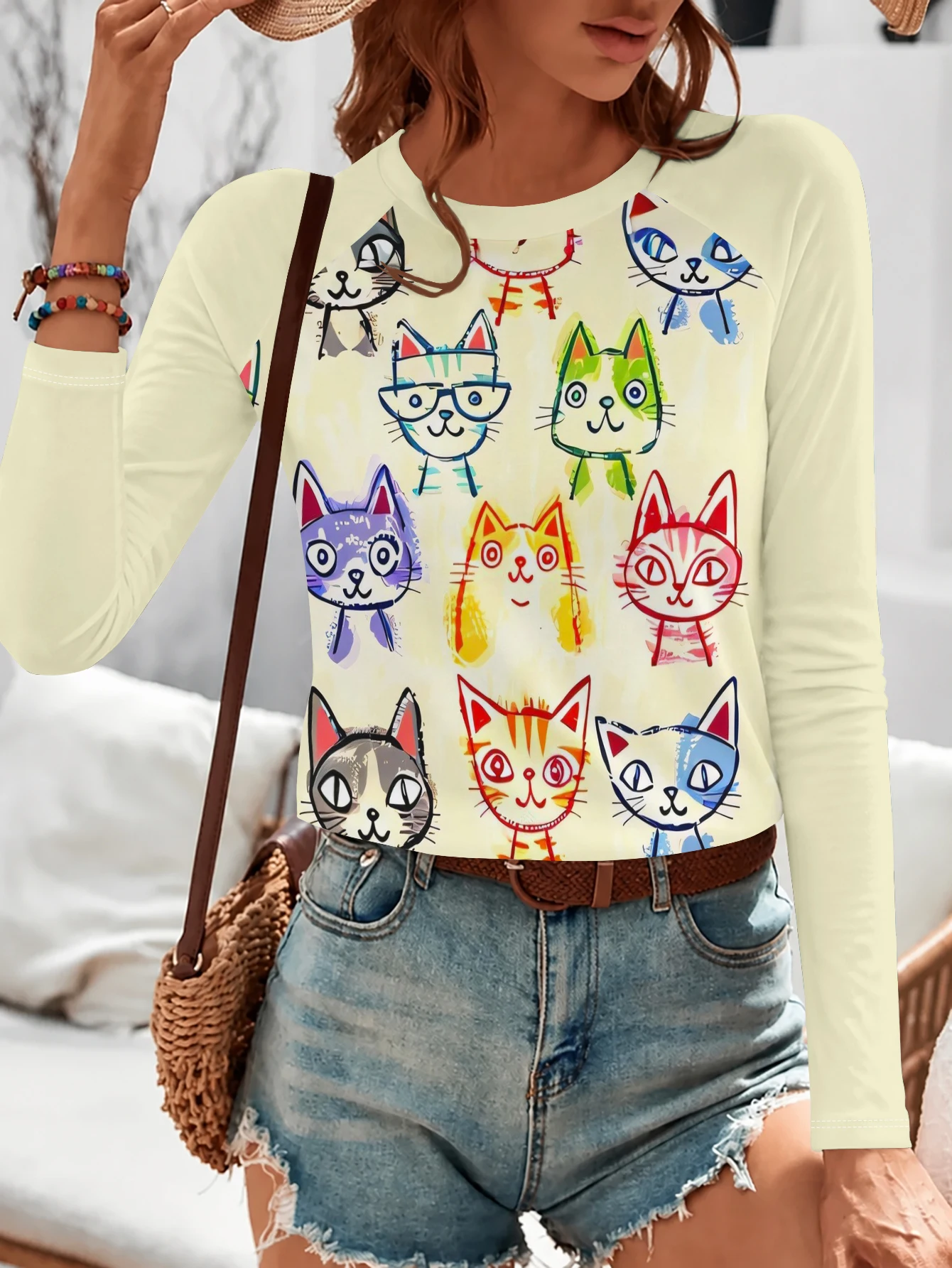 Women T‑shirt Cartoon Cat Doodle Print Raglan Long Sleeve Autumn Winter Casual Tee Top Women's Clothes