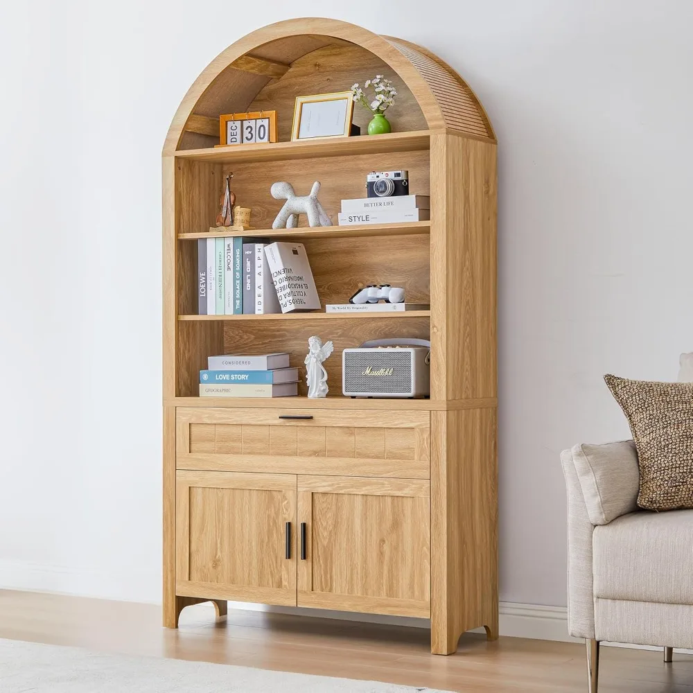 

Mid Century Modern 5-Tier Large Arched Bookshelf with Doors and Drawers