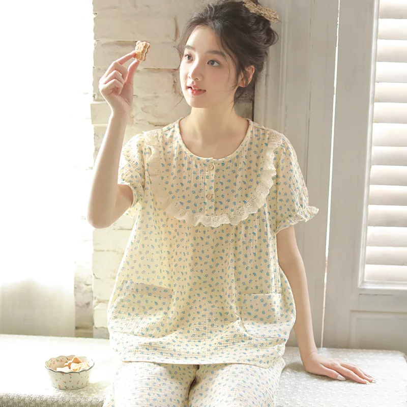 Summer Pajamas Women's Korean Gentle Small Floral Simple Comfortable Lace Cotton Yarn Short-sleeved Loungewear Set
