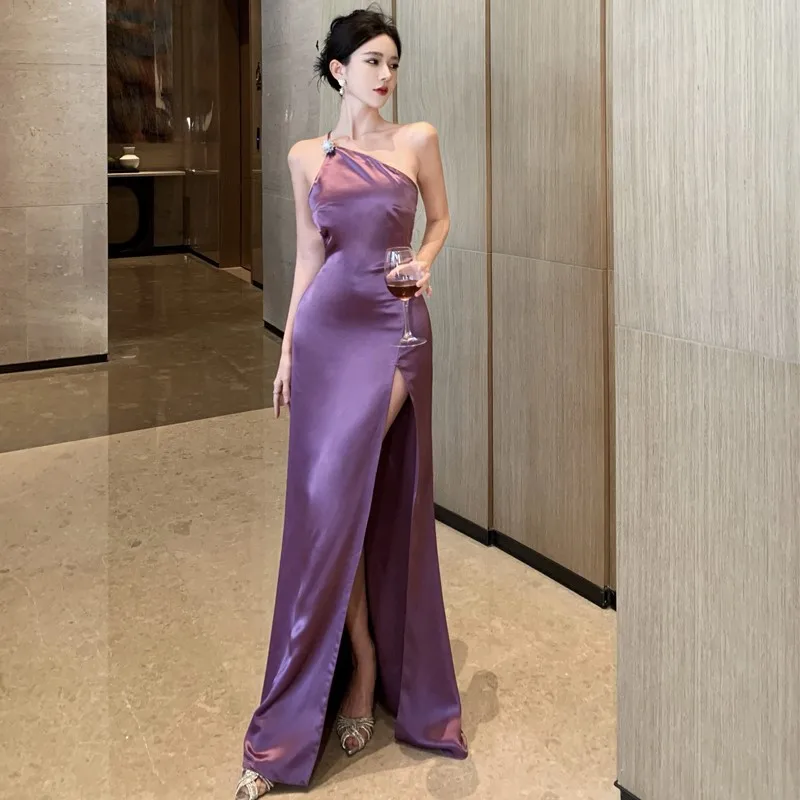 Purple Elegant Backless Halter Slit Long Mop Diagonal Collar Sling Birthday Dress