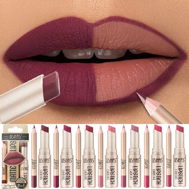 12 لون 2 في 1 ماتي أحمر الشفاه بطانة الشفاه مجموعة عارية الوردي ماتي قلم الشفاه الصلبة ملمع الشفاه دائم كونتور تينت الشفاه ماكياج التجميل