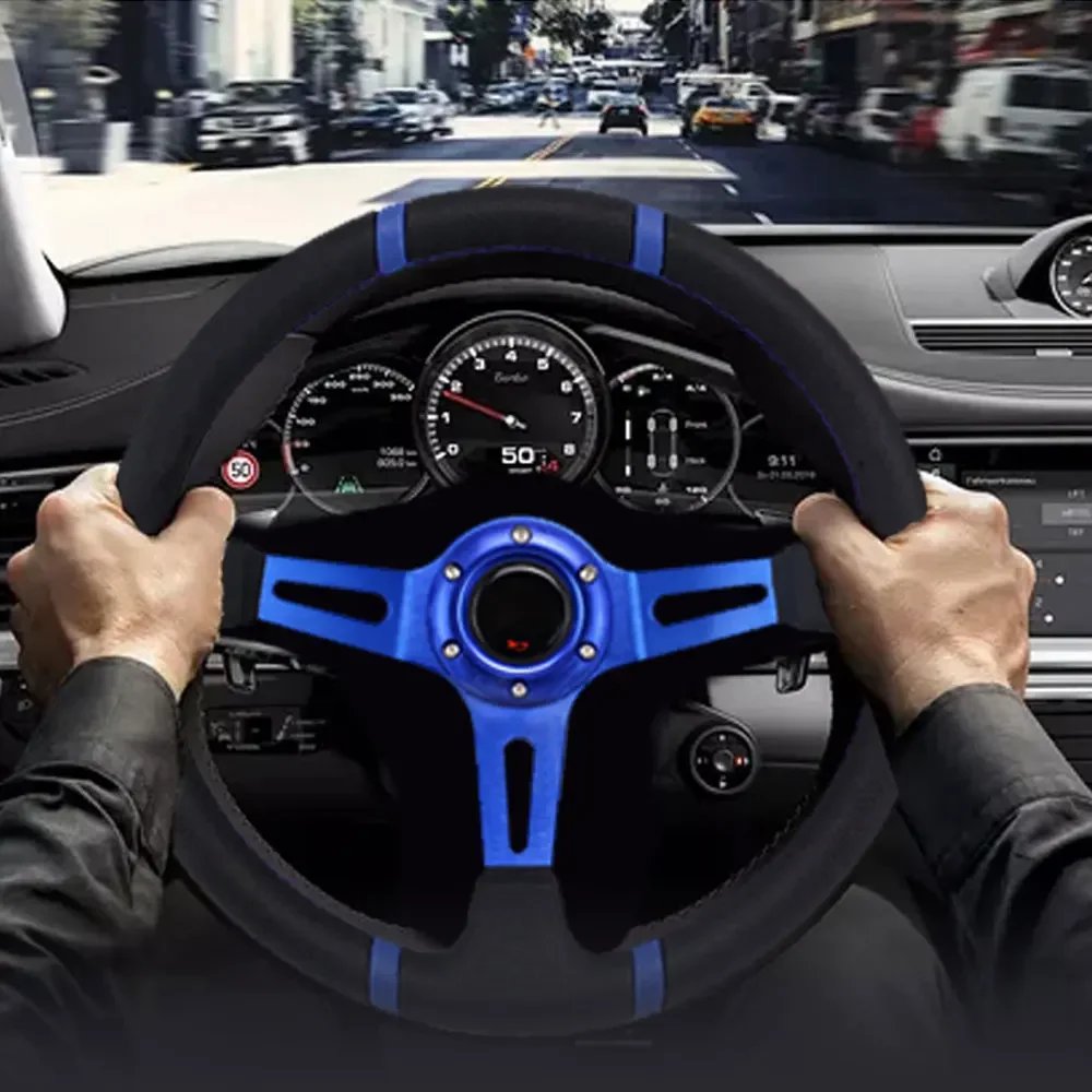Universal 350mm 14 Inch Deep Corn Racing Steering Wheel Leather Sport Drift Car Wheel Aluminum Alloy Frame