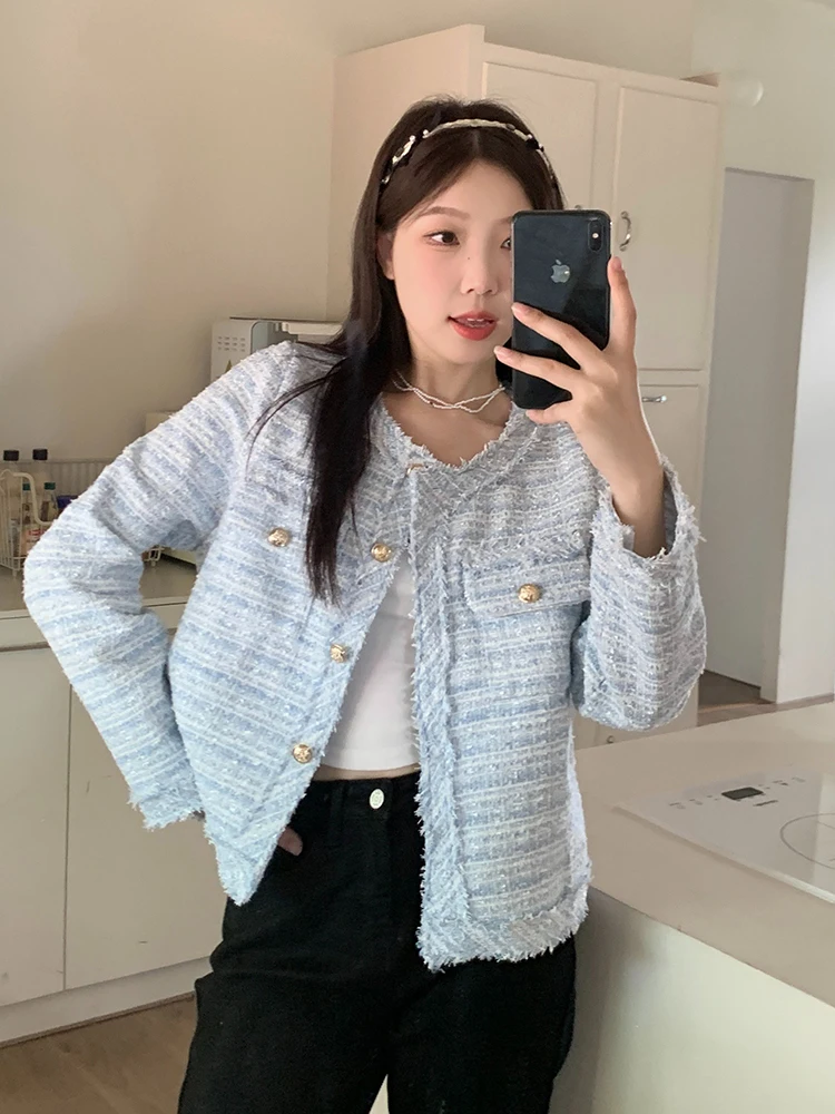 Giacca casual francese in tweed da donna elegante o collo manica lunga slim cappotto corto vintage autunno inverno dolce top monopetto femminile