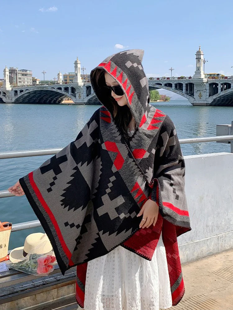 GypsyLady Boho Knitted Chic Cloaks Capes Hooded Winter Auturm Thick Warm Red Women Ethnic Capes Tassels Cloak Poncho Outwear New