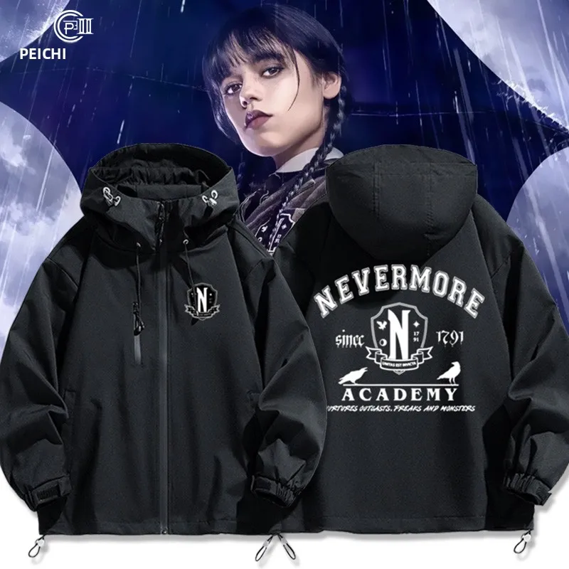 

Куртка-пальто для девочек Wednesday Adams Nevermore Academy, с подкладкой, для активного отдыха, из полиэфирного волокна, на молнии, с длинными рукавами
