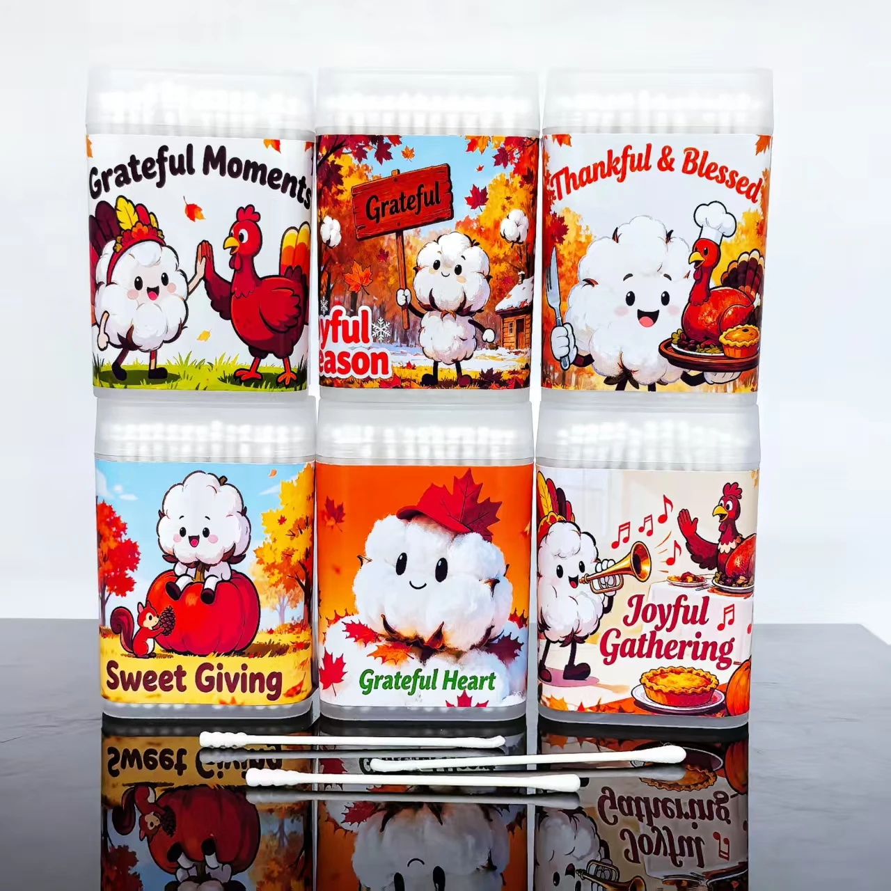 300 uds/600 Uds. Hisopos de algodón con elementos de Acción de Gracias, bastoncillos de algodón de doble cabeza, hisopos de algodón de regalo de vacaciones de eje fino