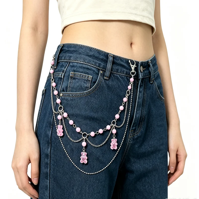 Doulbe Layered pink Cute Cartoon Bear Acrylic Chain Keychains Women Girls Waist Chain Pants Trousers Chain scene accessories