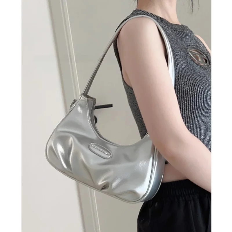 

Silver Underarm Moon Bag Women's Crossbody oulder Bag Faionable Durable PU Leather Zipper Closure Korean Sle Handbag