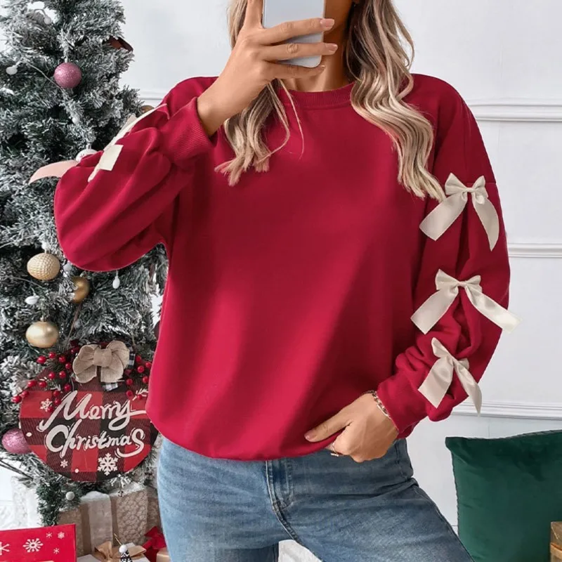 Autumn and winter round neck fashionable and comfortable women's sweater bow red Christmas hoodie women's pullover sweater 2025