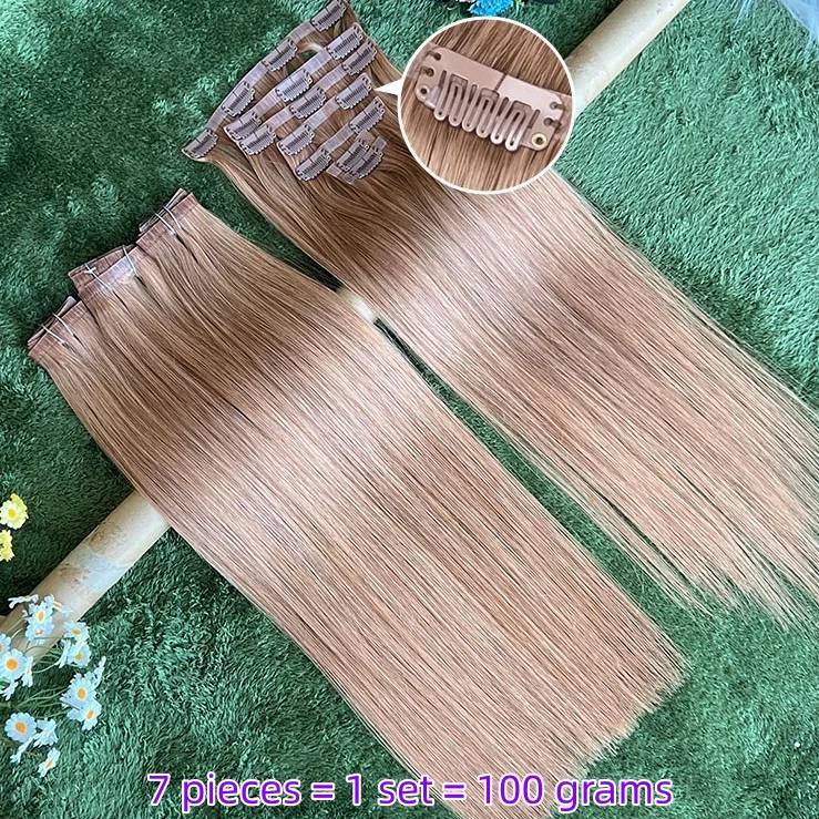 30# Straight Clip In Hair Extensions 100% Human Hair 100g/Set 7pcs Seamless Invisible PU Weft For Women
