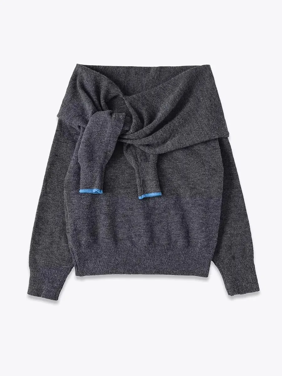 TWOTWINSTYLE FakeTwo قطعة مجموعة سترة للنساء شال طوق كم طويل أنيق مكتب رمادي سليم تريكو أنثى الاسلوب المناسب #4