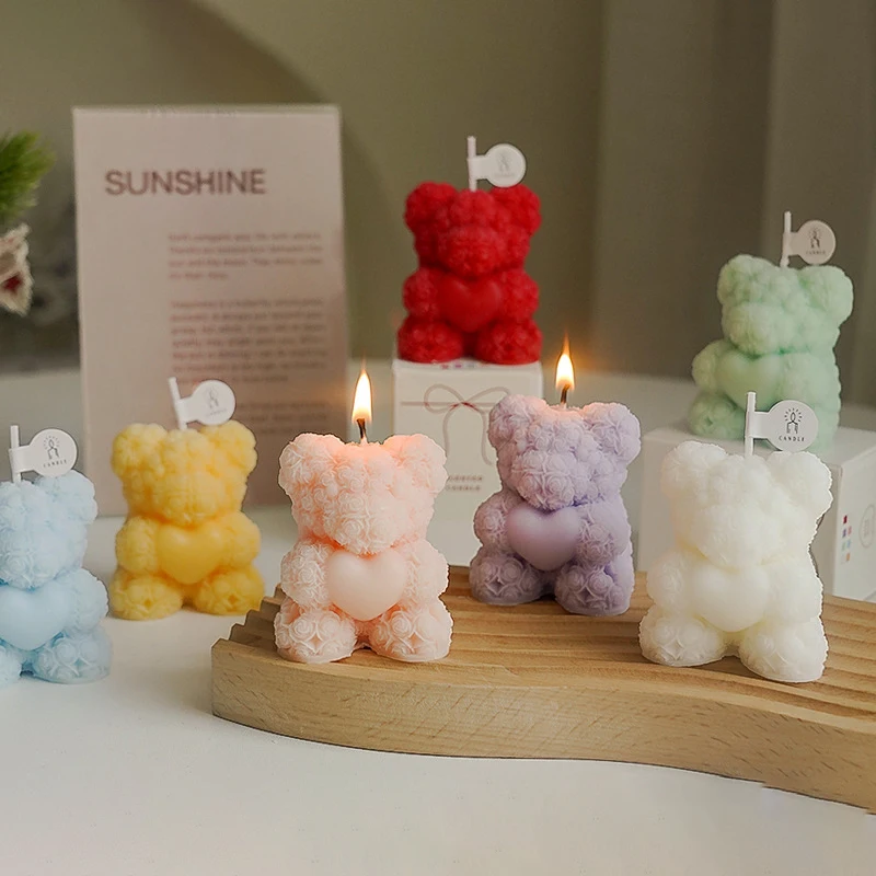 1pc 3D Rose Bear Aromatherapy Candles for Home Decoration Lovely Scented Candle Photography Props Festival Home Decor Ornaments