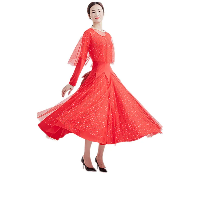 New Modern Red Dance Dress National Standard Dance Dress Big Swing Dress Long Sleeve Performance Dress Social Dance Performance