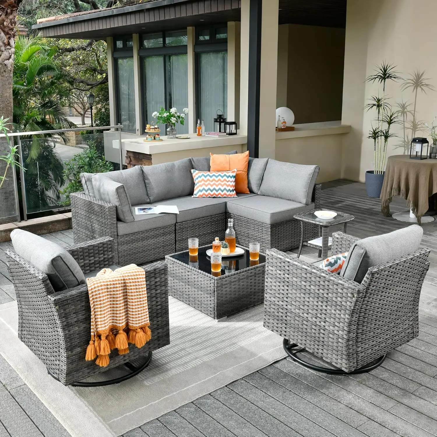 

Outdoor Coversation Set with Swivel Chairs Plus, Patio Wicker Furniture Set, Modern Grey Outside Couch for Balcony Backyard