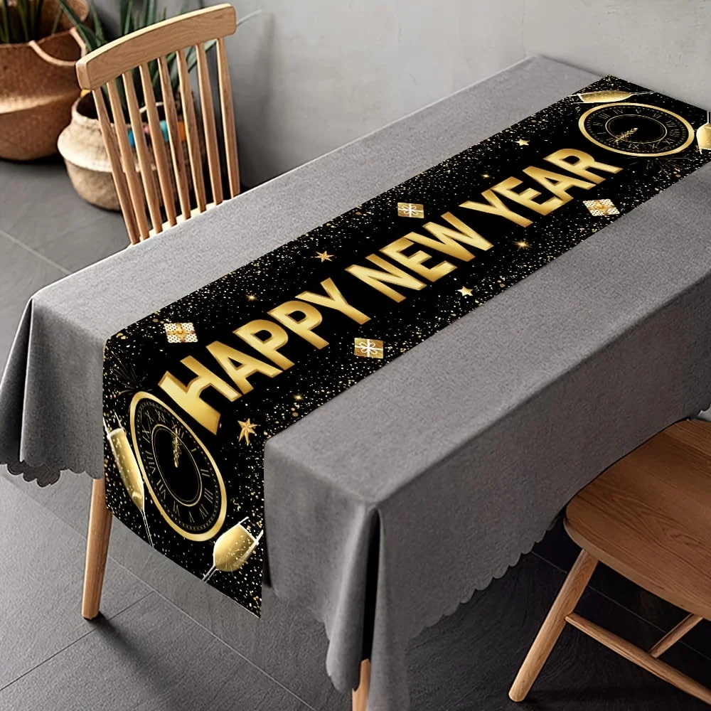 Happy New Year Table Runner with Clock & Champagne Design Holiday Celebration Kitchen Dining Table Decoration Home Party