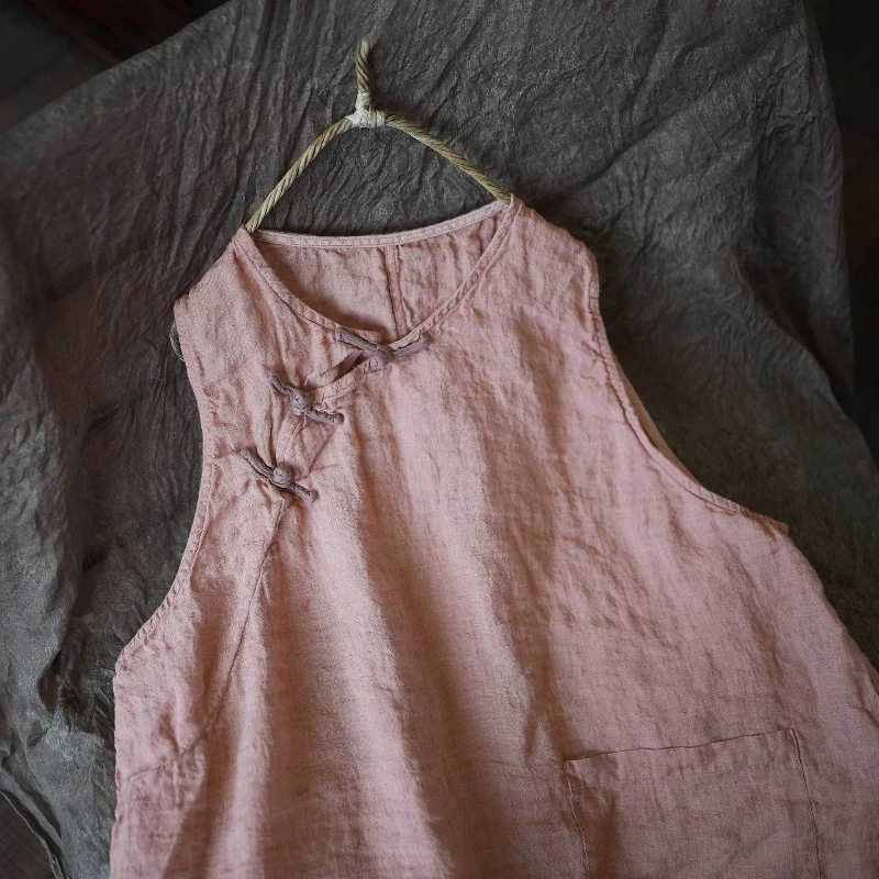 Women Chinese Style Stand Tank Tee Sleeveless Chinese Button Vintage Natural Fabric 2026 New Arrival Women Vintage Tank Tops