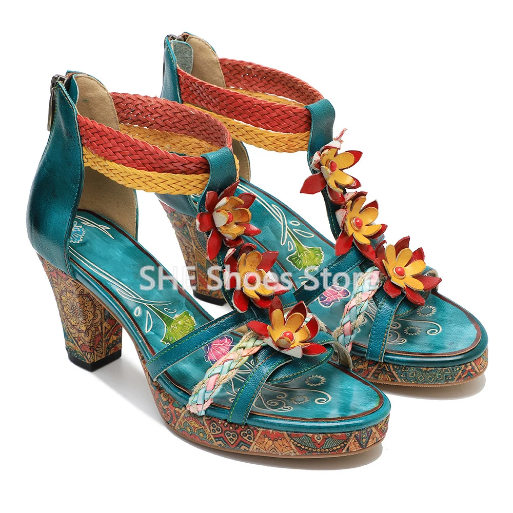 Retro Mixed Color Totem Print Leather Shoes Women Handmade Sandals Roman Weaving Flowers Decor Round Toe High Heel Ladies Pumps