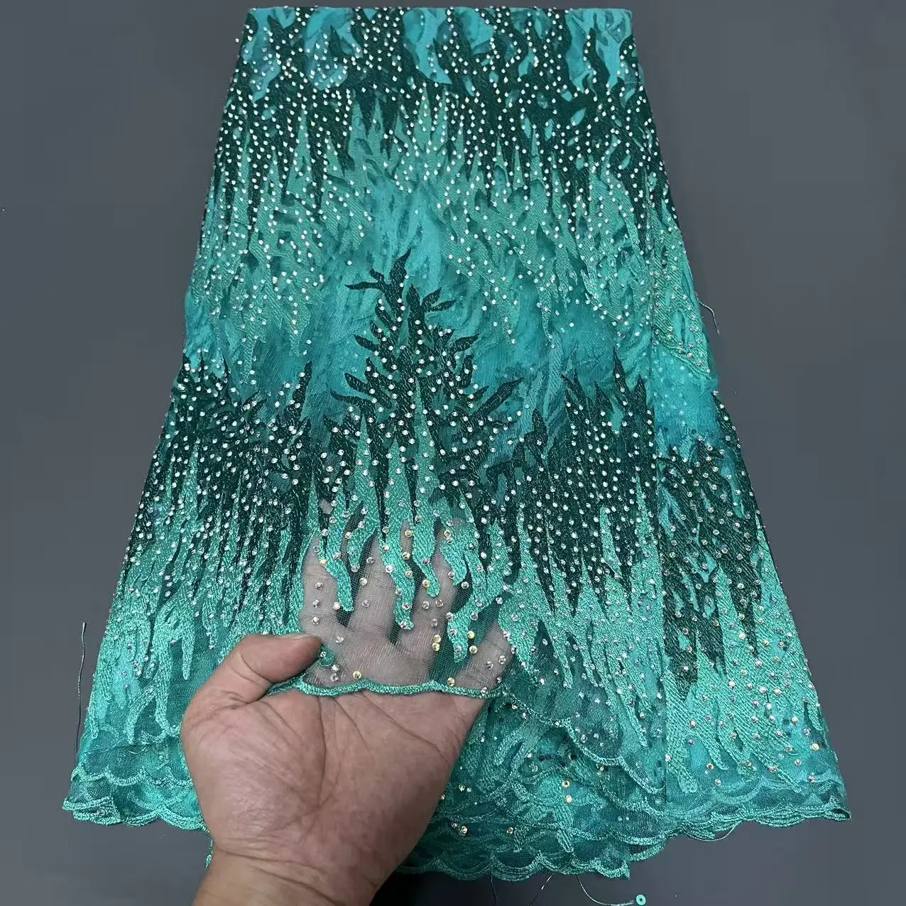 

2025 African Nigerian High-Quality Sequins Tulle Lace Fabric for Prom Dresses Beads Embroidery Sewing Net Cloth 5Yard ZJ084