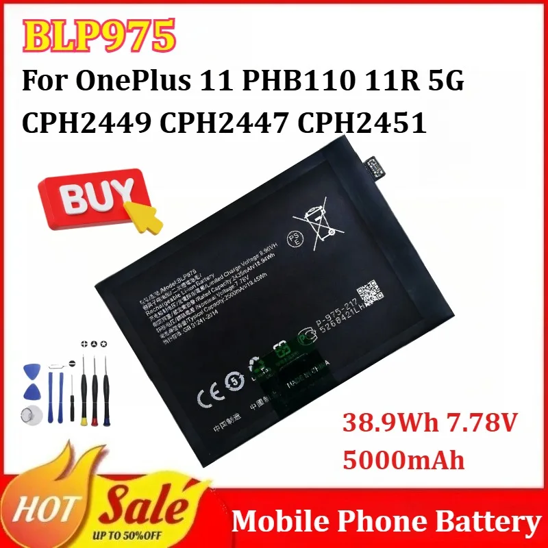 

New BLP975 38.9Wh 7.78V 5000mAh Mobile Phone Battery for OnePlus 11 PHB110 11R 5G CPH2449 CPH2447 CPH2451 with Tool Kits