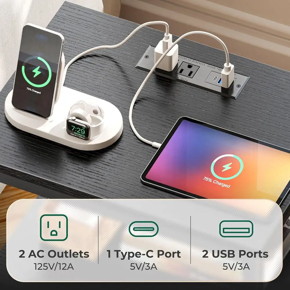 LED照明付き4段引き出しナイトスタンド、充電ステーションとオープンシェルフ付き、寝室用、ブラック