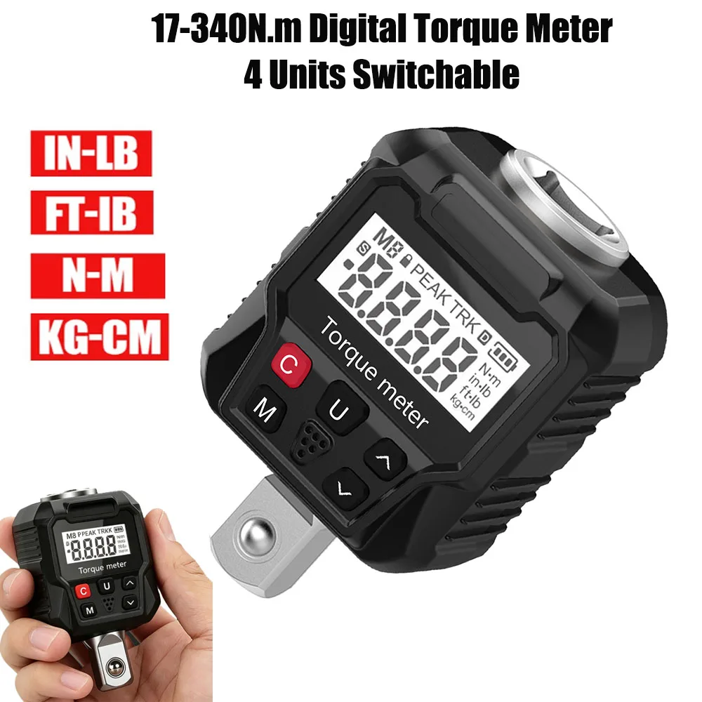 Digital Torque Meter Adapter 17-340N.m Torque Tester with LED Buzzer Alarm 4 Units Switchable for Auto Motorcycle Bicycle Repair