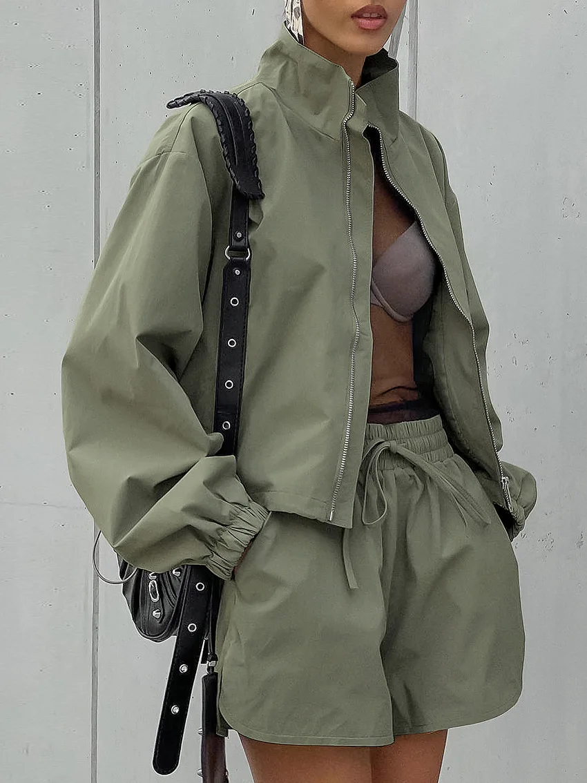 

Spring Sports Casual Two Piece Set Women Long Sleeves Zipper Stand Sweatshirt+High Waist Drawstring Loose Shorts Outfit Female