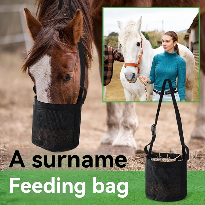 Adjustable Elastic Hay Feed Bag For Horses - Outdoor Neck Feeding Bag In Black