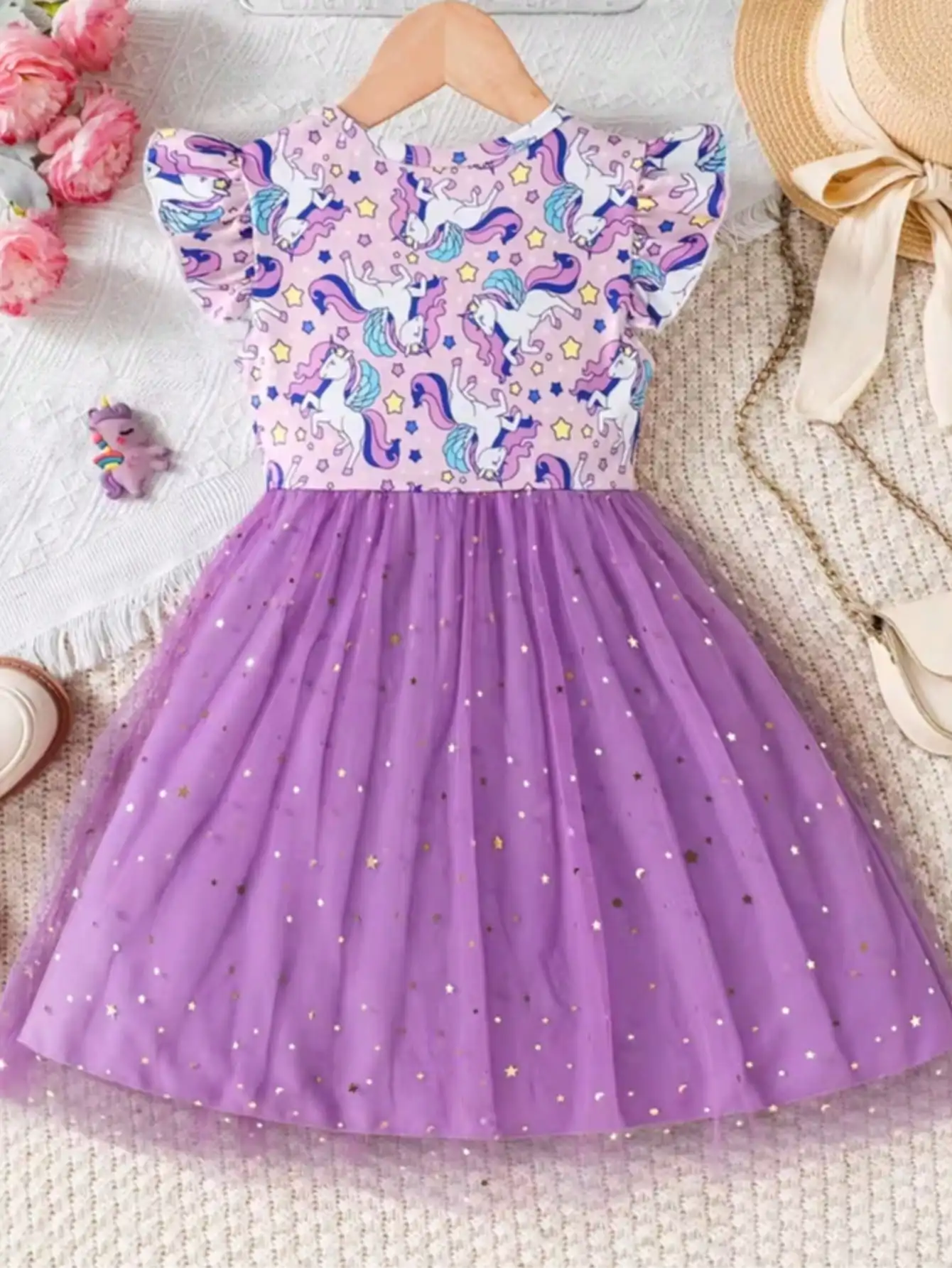 Bezauberndes Mädchen-Sommerkleid - Lila Lotusblatt-Manschette, Meerjungfrauen-Schuppen-Print und Pailletten-Dekoration, Polyester-Netzrock – Detail 10