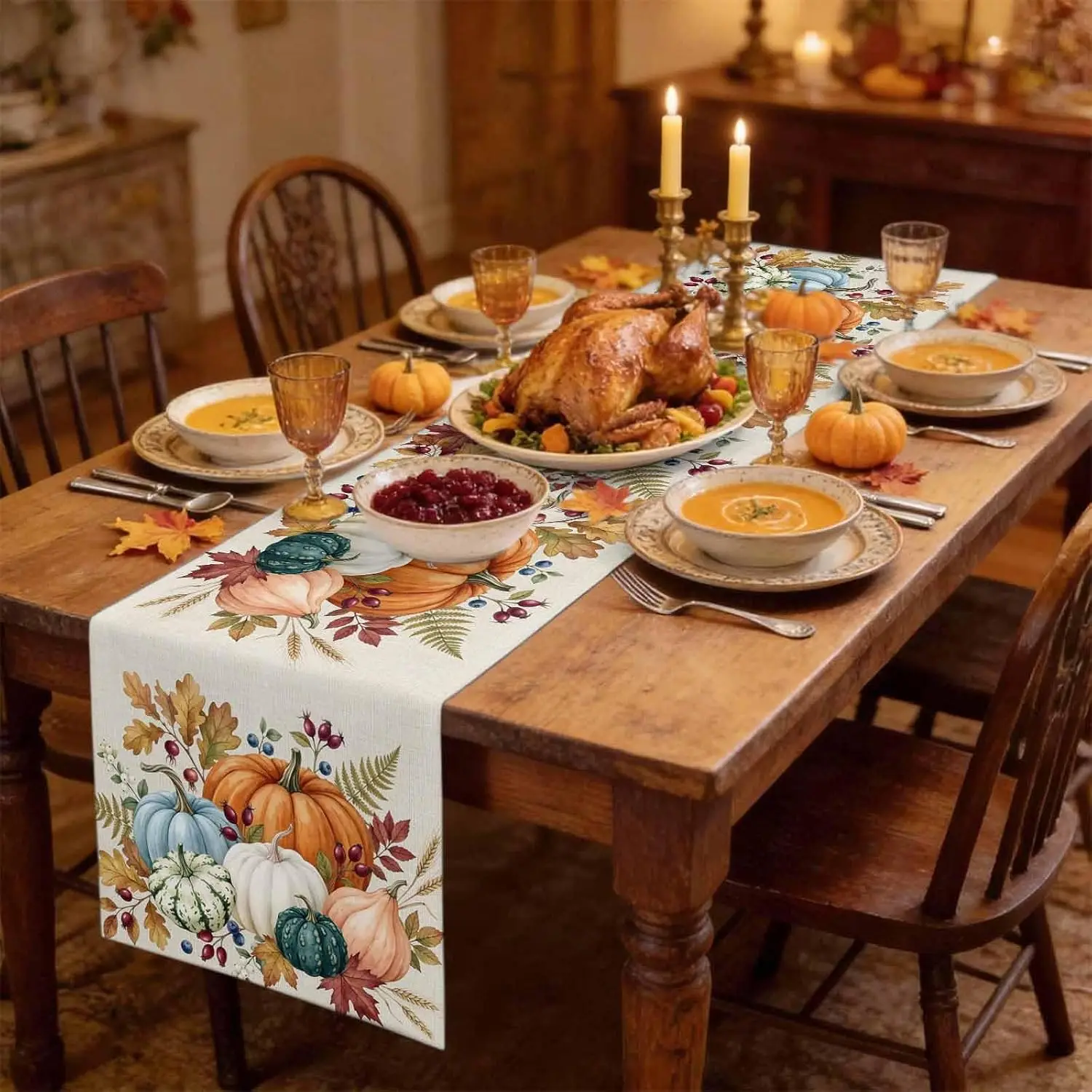 Fall Thanksgiving Pumpkin Maple Leaf Linen Table Runner Party Decor Washable Kitchen Dining Table Runner Autumn Decorations