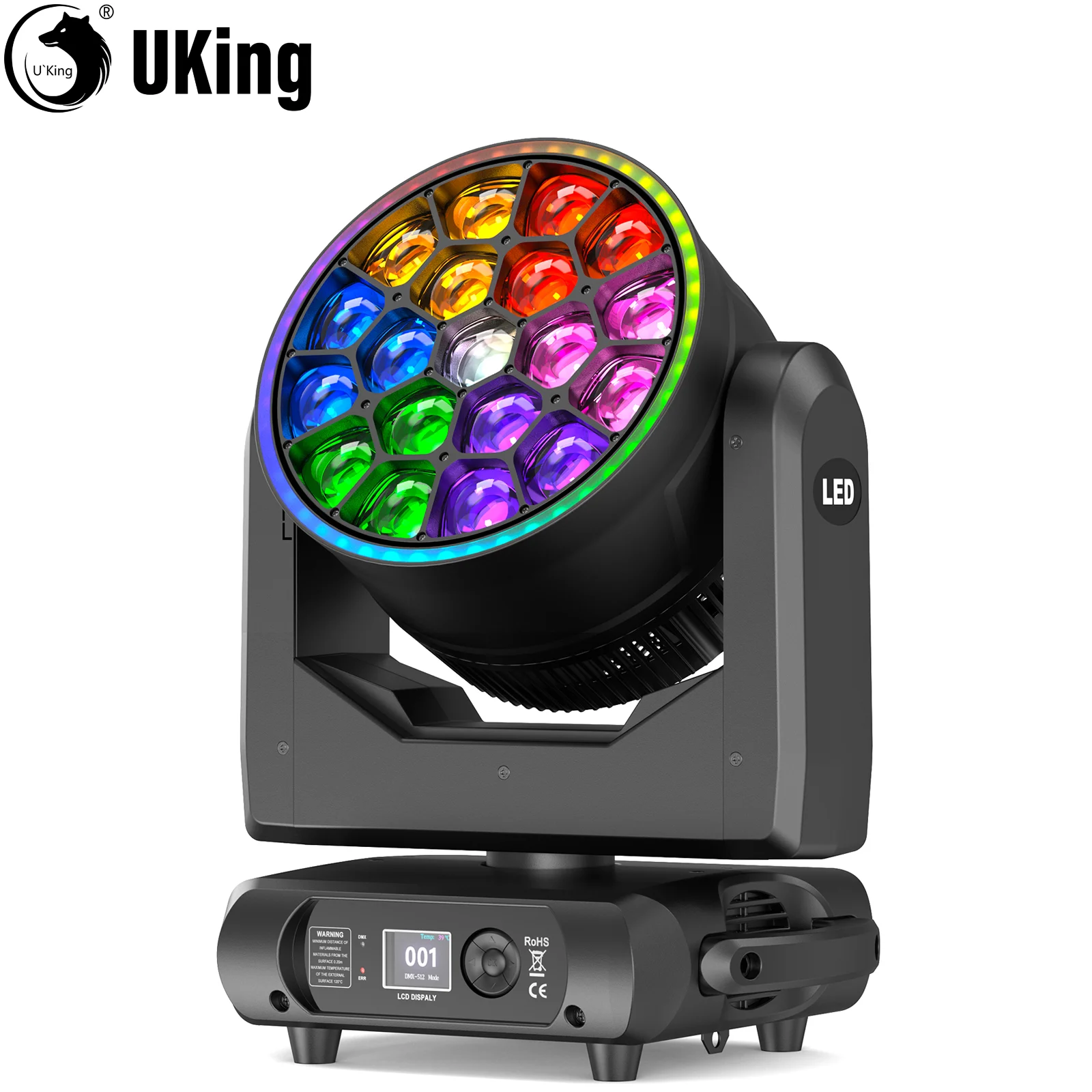 

U'King 350W Beam Moving Head Stage Light With Light Strip 19x15W LED RGBW Bee Eyes Zoom Stage Lights For Party Concert Bar KTV