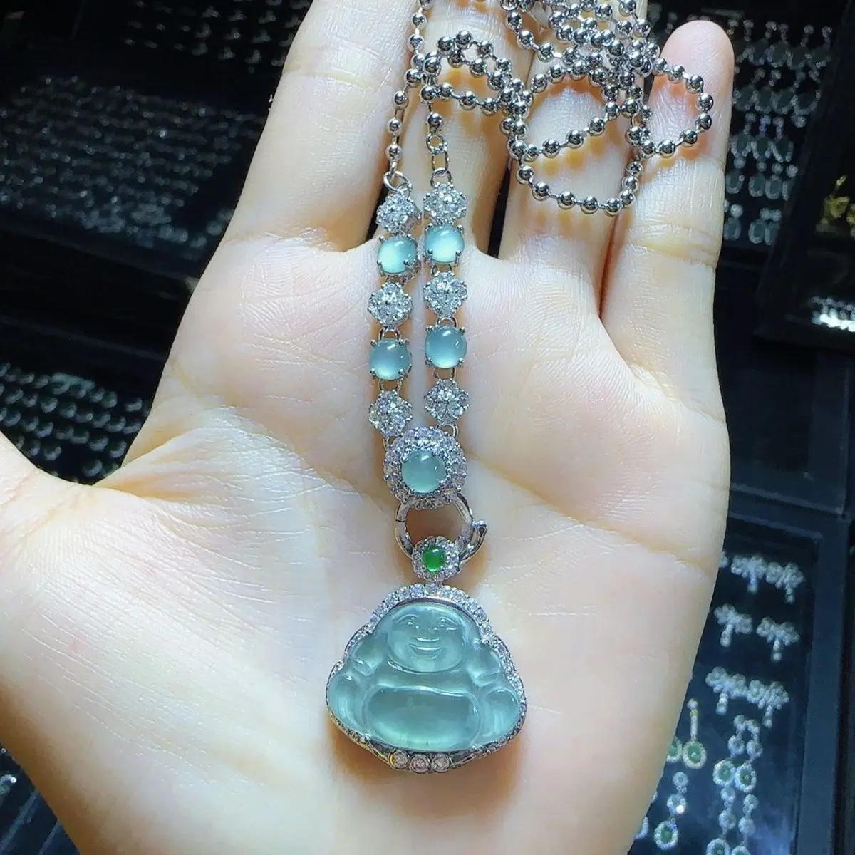 

Natural A jadeite ice blue Buddha + ice blue universal chain set