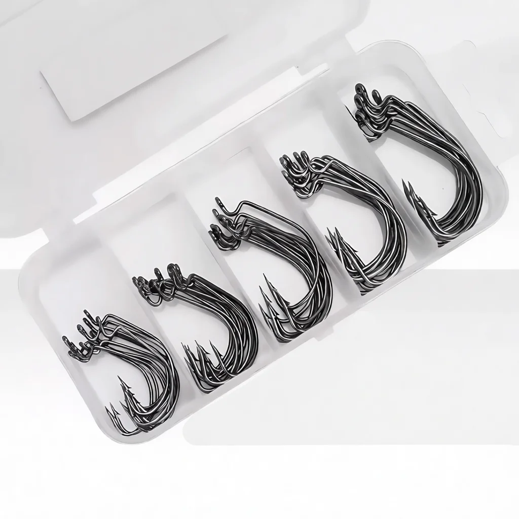 Fishing Hook Assortment - 51 schwarze Nickel-Offset-Wurmhaken, Angelwirbel-Zubehör-Set für Süß-