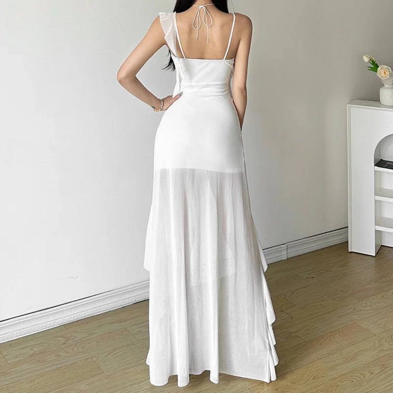 الصيف موضة الخامس الرقبة فساتين عارية الذراعين مكدسة مثير الأبيض فستان طويل المرأة سليم صالح السباغيتي حزام قميص Coquette Y2k الملابس