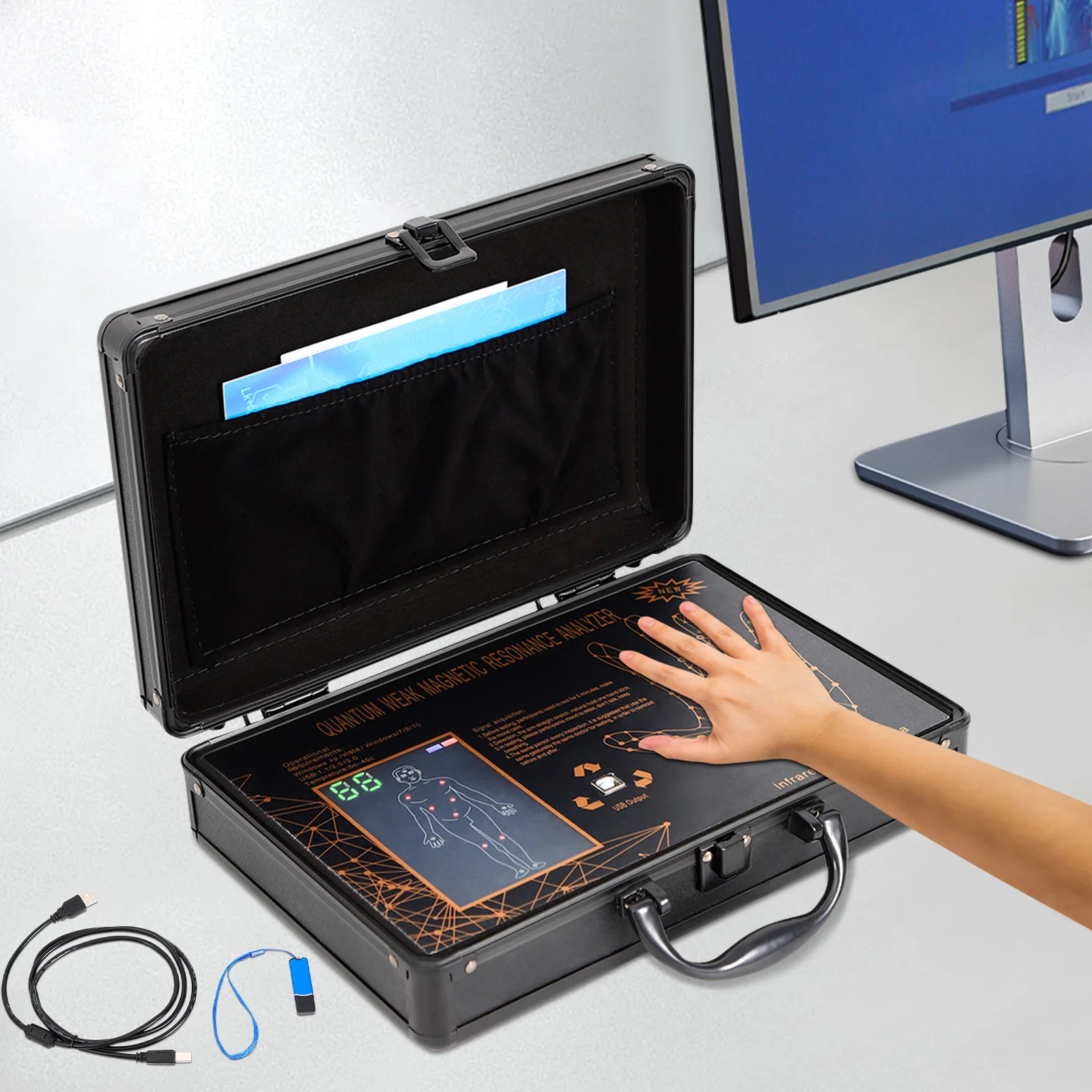 Máquina analisadora quântica portátil preta, scanner de bem-estar não invasivo com chip de 8 núcleos para uso clínico e em loja