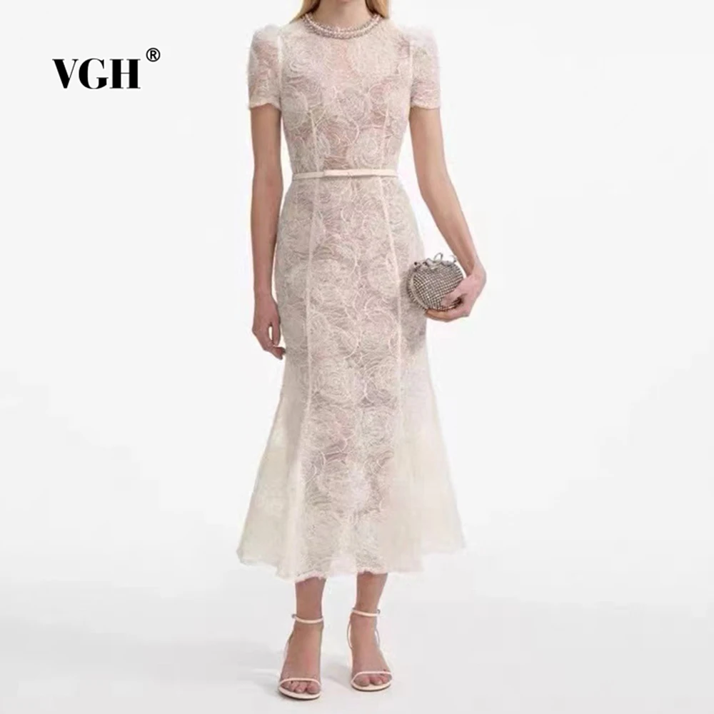 

VGH Solid Hollow Out Lace Elegant Dresses For Women Round Neck Short Sleeve High Waist Spliced Belt Chic Dress Female Fashion