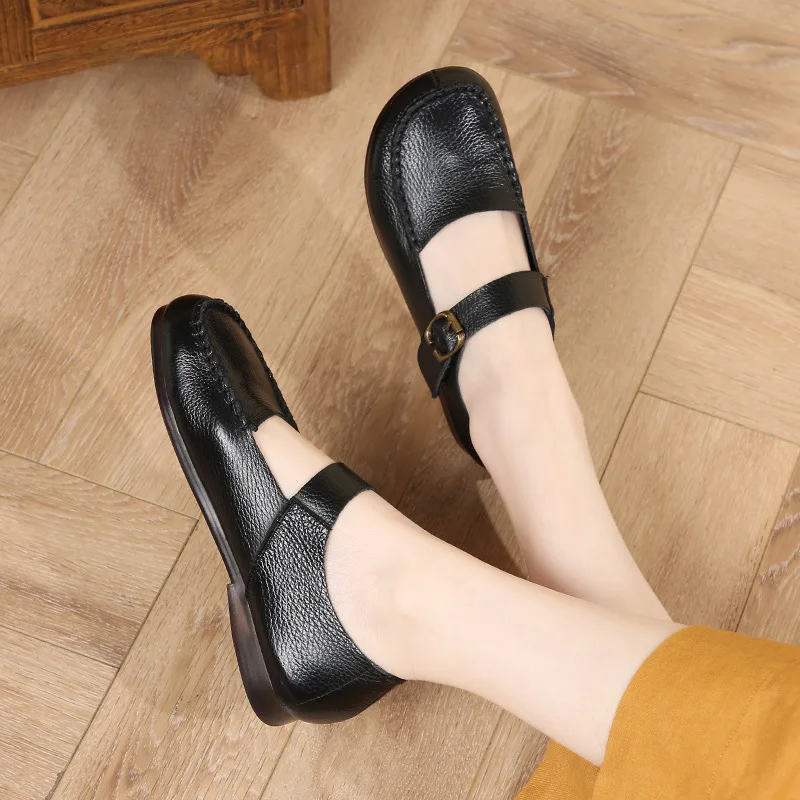 Spring New Leather Women Mary Jane shoes ankle strap round toe slip on breathable comfortable office career work dress shoes