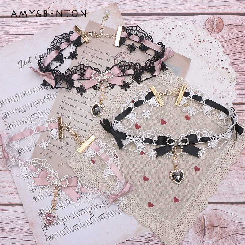 

Handmade Sweet Mine Series Mass-Produced Lace Bow Heart Rhinestone Kawaii Necklace Japanese Cute Heavy Industry Lolita Chains