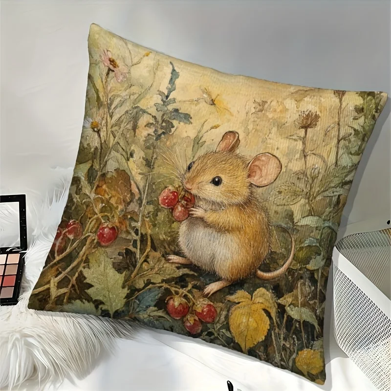 1 Vintage Pastoral Style Mouse Pillowcase, Featuring 2D Flat Printing on a Distressed Beige Base. It Incorporates a Watercolor-inspired Design of a Mouse Holding Fruit and Forest Vegetation Elements, with Delicate and Rustic Brushwork. The Color